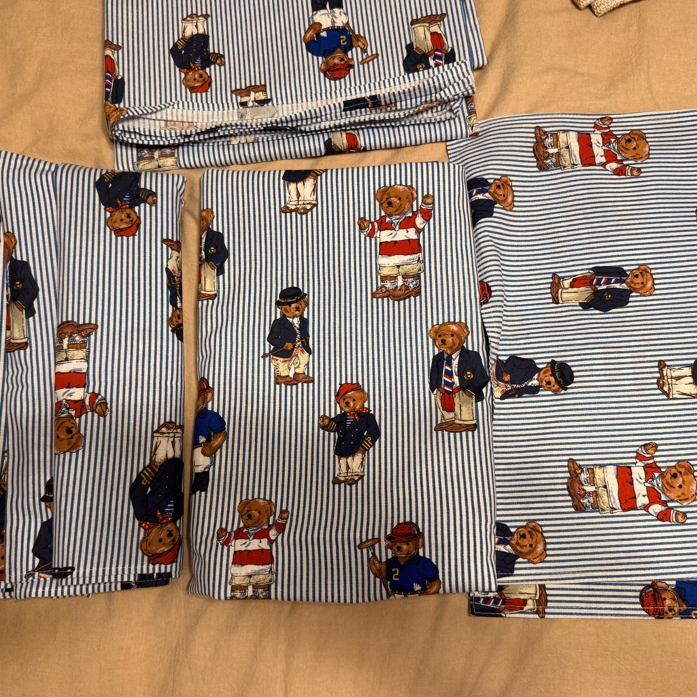 Ralph Lauren Blue and White Striped Teddy Bear Table Linens